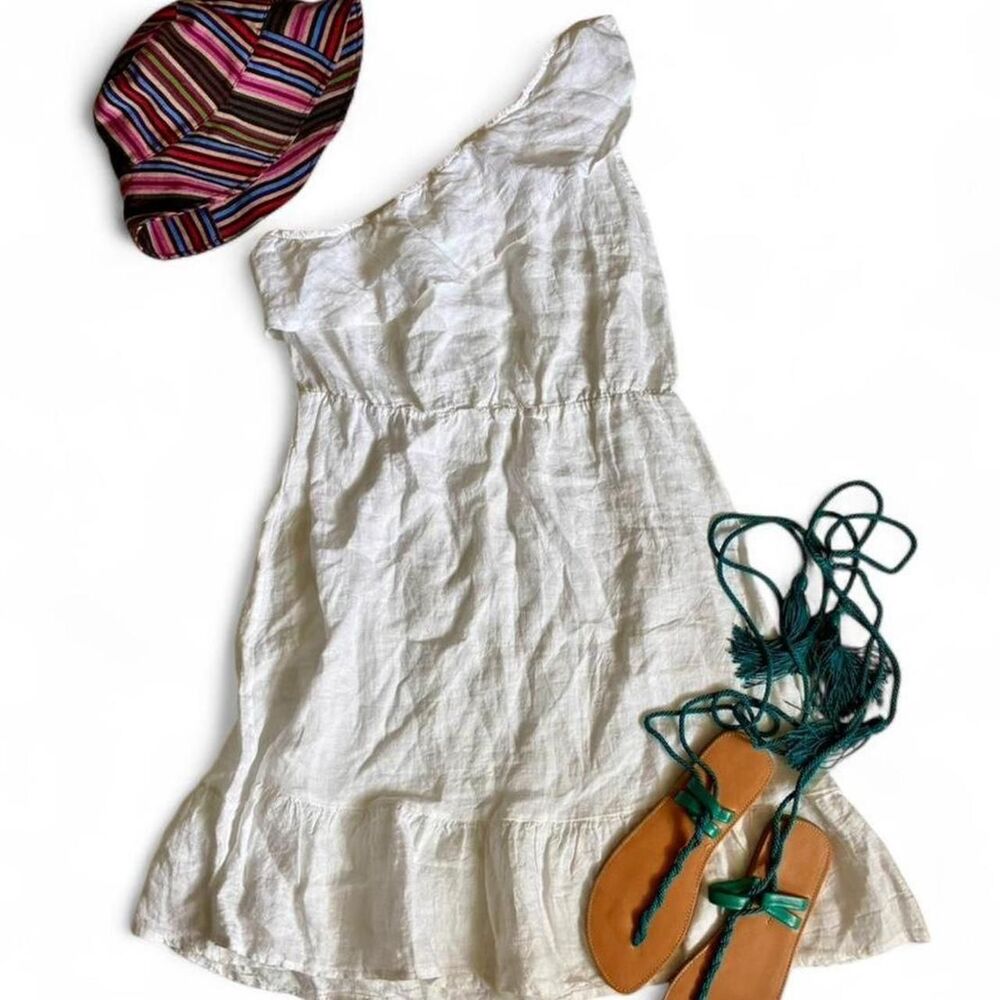 Valentina Maldi White Linen One Shoulder Ruffle Summer Dress